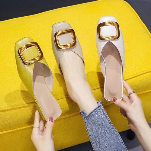 Ladies Office Shoes Summer Women Slippers Ladies Mules Elegant Low Heel Buckle Women Slippers Slip-On Comfortable Pu