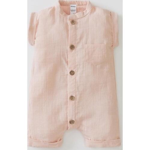 Female Child Pink Short-Sleeve Cotton Textured Short Jumpsuit