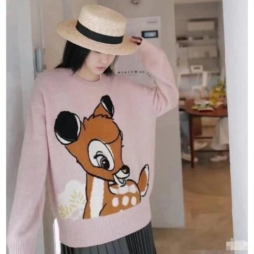 Women Oversized Sweater Pink Jumpers Plus Size Pullover 2021 Autumn Winter Cartoon Fawn Jacquard Knitted Sweater Tops Streetwear
