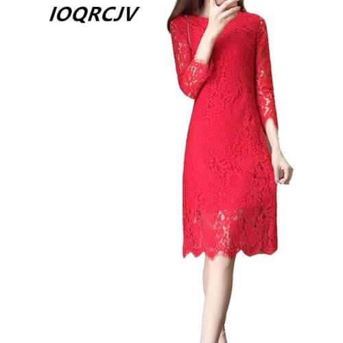 New Plus size 3XL Lace Dress Womens Elegant Fashion Sexy Party Hollow Out Solid Long-Sleeve O Neck Midi Dress Female Vestidos