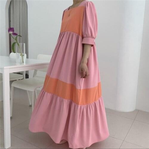 Color Patchwork summer woman dress Square collar High Waist Korean style holiday dresses women short Sleeves A-Line vestidos