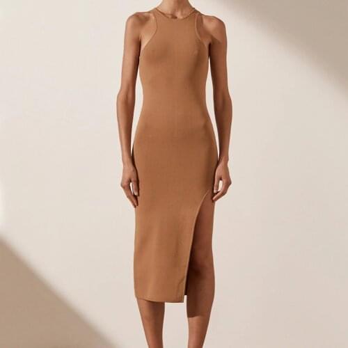 Women Racer Front Neck Ribbed Midi Dress With Side Split S933