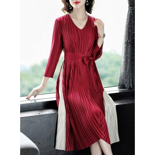 HOT SELLING Miyake fold fashion short sleeve dress v-neck patchwork lace-up big A-Line dress IN STOCK