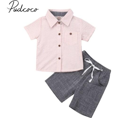 2019 Children Summer Clothing Toddler Kid Baby Boy Party Striped Cotton Top Short Sleeve T Shirt Shorts Solid Pants Clothes 1-5T