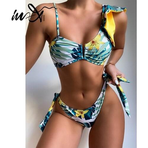 In-X Floral print bikini 2021 Ruffle swimsuit womens swimming suit Knot swimwear female Bandeau bathing suit V-neck beach wear