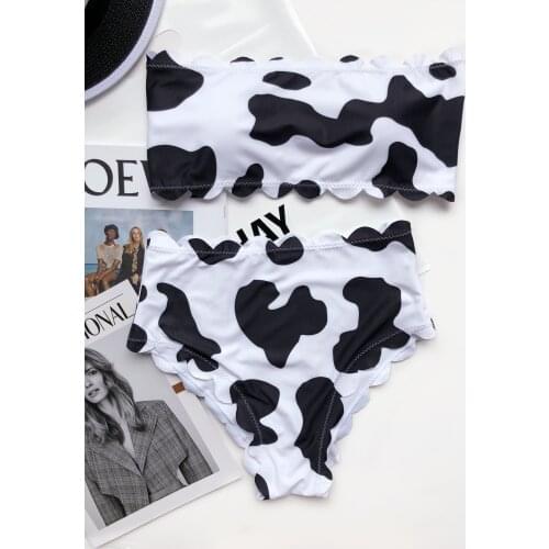 Sexy Bandeau Bikinis Women Scalloped Push Up Swimwear Cow Print Bikini Set Swimsuit Beach Wear High Waisted bathing suit Biquini