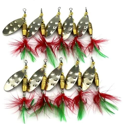 Big Sale 10pcs/lot Metal Spinnerbait Artificial Hard Spoon Lure Feather Hooks Pike Sequin Lure Fishing Tackles 6.4cm 6.8g