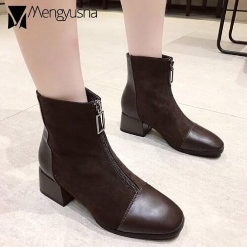 Front zipper ankle boots women square toe leather &suede patchwork chelsea booties mujer 2020 autumn winter short botas on pumps