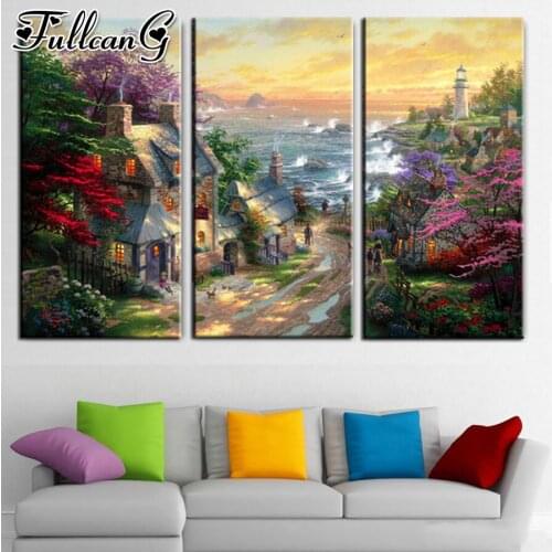 FULLCANG diy large triptych 5d diamond painting seaside house mosaic embroidery sale landscape full square round drill FC2582