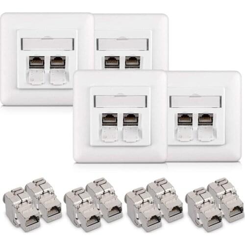 Keystone Module Kit - Includes (8) CAT6A Shielded Keystone Jack RJ45 Ethernet Module 10G + (4) 2-Port Wall Plate