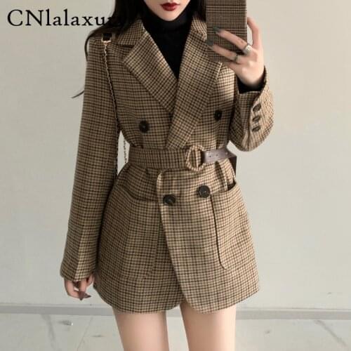 Korean Plaid Women Work Blazer Jacket Double-breasted Sashes Suit Jacket Female 2020 Slim Female Blazer Outwear veste femme