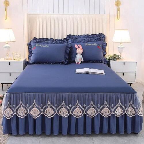 Korea Lace Embroidery Blue Quilted Princess Bedding Bed Skirt Pillowcases Set Bedspread Fitted Sheet Mattress Cover Home Textile