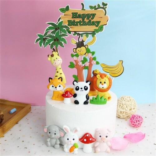 Cartoon Animals Jungle Birthday Party Haappy Birthday Cake Toppers Forest Animals Resin Decoration Mushroom Grass Elephants Fox