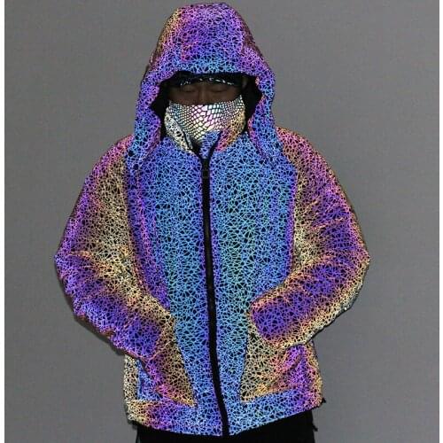 2021 Mens New Colorful Reflective Thickened Warm Colorful Birds Nest Pattern Printing Hooded Work Clothes Cotton Clothes