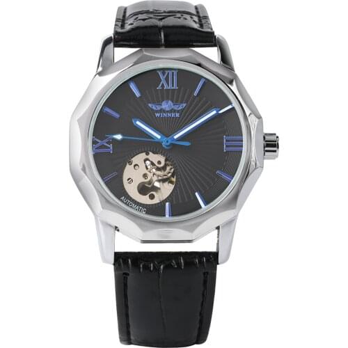 Mens Watch Automatic Mechanical Wristwatch Business Skeleton Black Genuine Leather Strap Mechanical Watch
