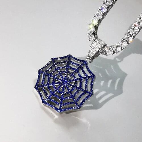 Dark Blue Cobwebs Pendant Necklace Cubic Zirconia Iced Out Necklace Fashion Hip Hop Jewelry Mens Gift