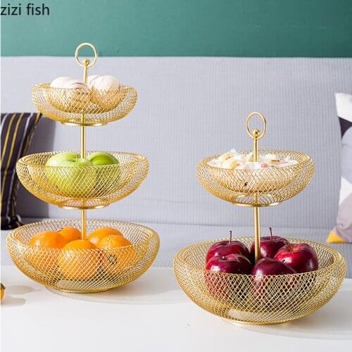 Hollow Metal Fruit Plate Golden 2/3 Layer Fruit Basket Coffee Table Desktop Decoration Small Objects Candy Chocolate Storage Box