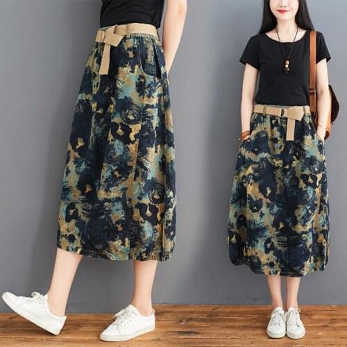 Retro Printed Denim Skirt Female 2021 New Summer Plus Size High Waist All-Match A-Line Skirt Vintage Jeans Faldas Mujer zh1378