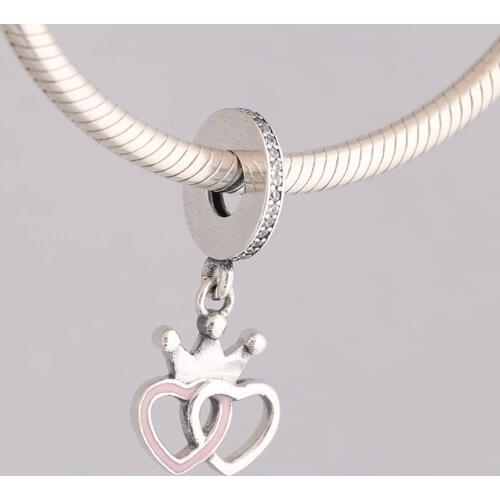 S925 DIY Jewelry Crowned Hearts Dangle Charm fit Lady Bracelet Bangle Lady Gift Pink Enamel