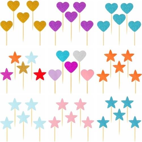 Cake Topper 50pcs Golden Color Heart Star Paper Cupcake Topper Happy Birthday Party Decorations Kids Wedding Cake Toppers