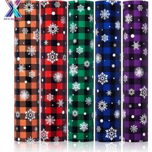 XFX HTV Christmas Snowflake Buffalo Plaid Heat Transfer Vinyl 5 PCS 12"x10" Adhesive HTV Vinyl for Iron on Fabrics T-Shirt Film