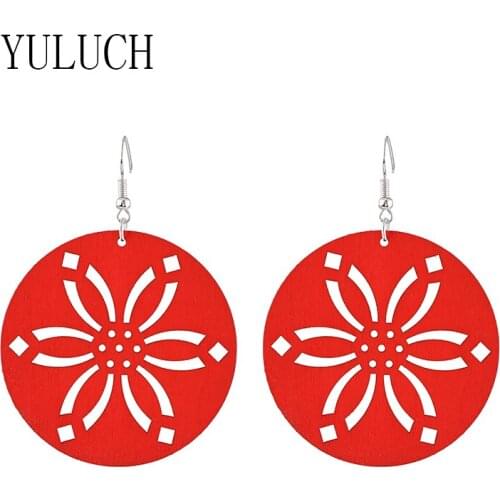 YULUCH Girls unique wood round flower hollow pendant earrings womens parties casual elegant art accessories ladies retro simple