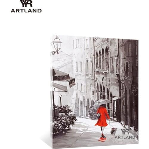 YYR-ARTLAND Hot sale handmade oil painting on canvas street view of woman with dog landscape for living room bedroom home decor
