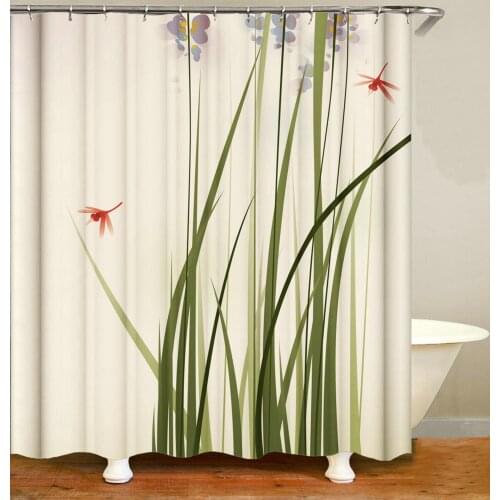 Grass and Red Dragonfly Shower Curtain Fashion Bath Accessories with 12 Hooks Waterproof Polyester Fabric Bathroom Decor
