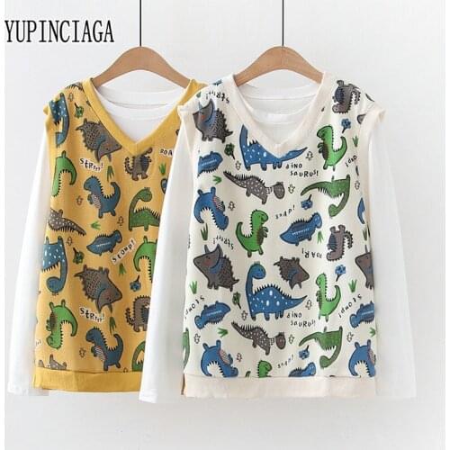 YUPINCIAGA New Womens Sets Dinosaur Cartoon Loose WHITE YELLOW V-neck Knitted Vest + T-shirt Two-piece Set Female Student Suit