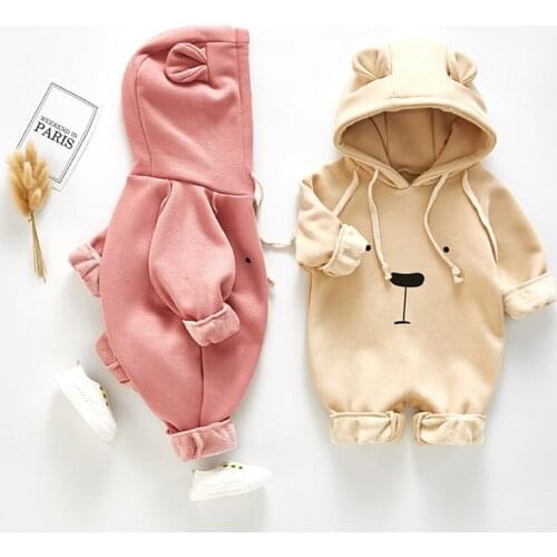 Fall romper baby boys cartoon bear pritning long sleeve jumpsuit infant kids hooded overalls children pajamas toddler outfits