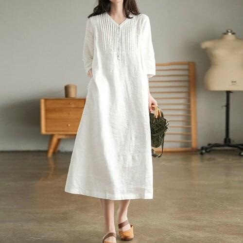 Summer Elegant Pleated Shirt Dress Women V-neck Half Sleeve Vintage Dress 2021 Linen Loose Dresses Korean Style