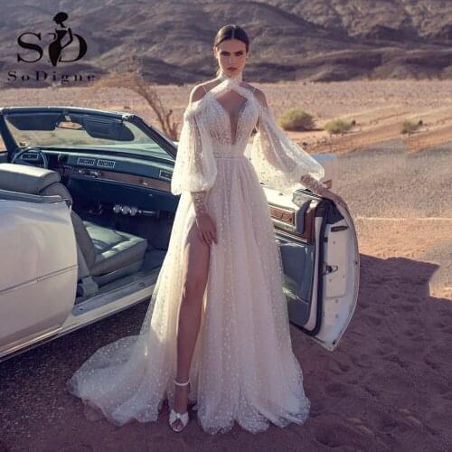 SoDigne V Neck Wedding Dresses Criss-Cross Dotted Tulle Puff Long Sleeves Wedding Gown Split Sexy Bridal Gown vestido de novia