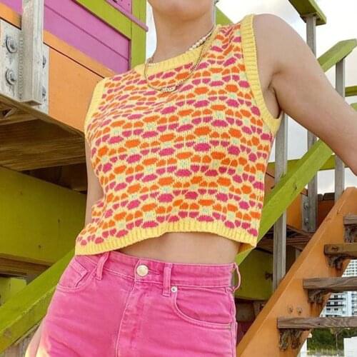 Vintage Flower Print Y2K Sweater Vest For Women Streetwear Fashion Sleeveless Knitwear 2021 Summer Aesthetic Cute Tops