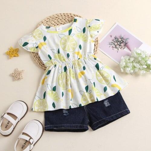 2Pcs Fashion Little Girls Clothes Children Sweet Style Lemon Printing Fly Sleeve Round Collar Top + Solid Color Shorts Set