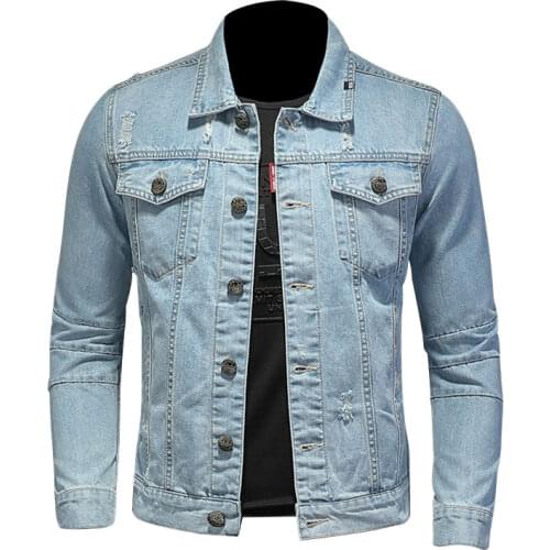 2021 Denim Jacket Men Jeans Coats Lapel Long Sleeve Single-Breasted Slim Motorcycle Bomber Light Blue Casual Outwear Clothing