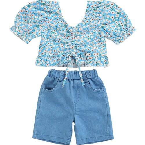 2021 1-6Y Fashion Kids Baby Girl Clothing Set Floral Print Puff Short Sleeve V Neck Pleated Crop Top+Denim Shorts Summer 2pcs