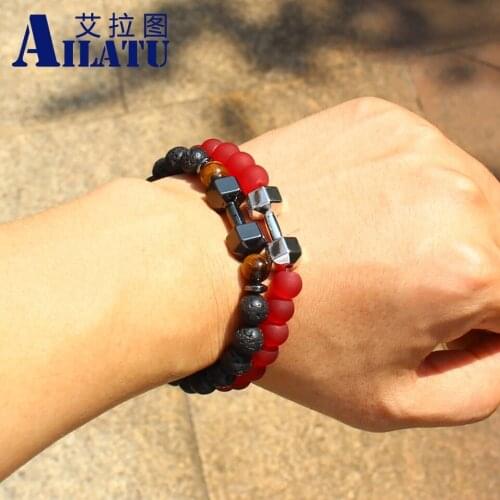 Ailatu Energy Lave Stone Powerful GYM Barbell Mens Jewelry Fitness Fashion Dumbbell Bracelet Women Pulseras Hombre Bracciali