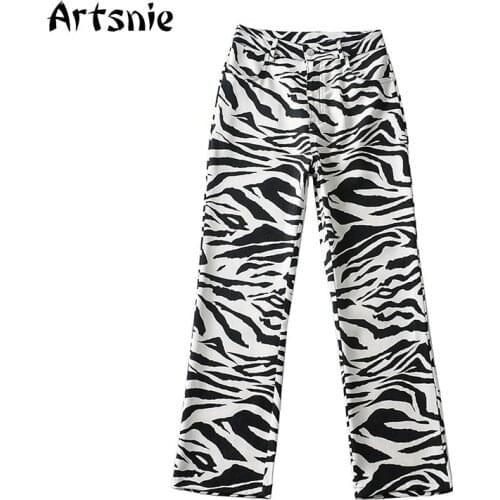 Artsnie Spring 2021 Black White Leopard Flare Pants Women High Waist Streetwear Casual Trousers Vintage Ladies Long Pants Femme