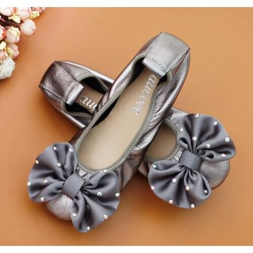 Big Size 34-44 Rhinestone Single Ballet Flats Womens Shoes Sweet Bow Flat Heel Female Shoes Soft Genuine Leather Ladies Loafers