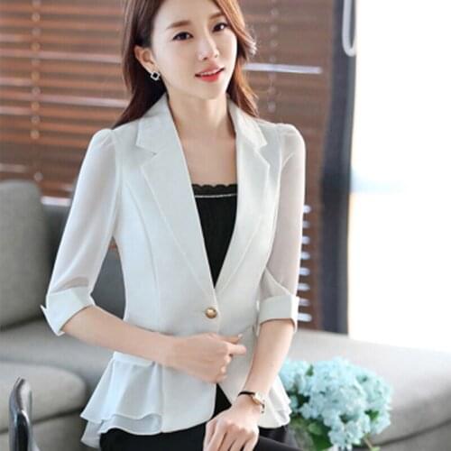 Blazer Womens Coat Short Summer Three-Quarter Sleeves Ruffled Chiffon Thin White Suit Ladies Clothing