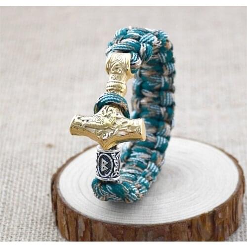 Viking Mens Bracelet Stainless Steel Thors Hammer Camouflage Umbrella Cord Braided Bracelet Scandinavian Rune Amulet Jewelry