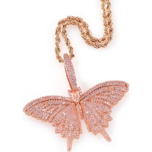 Hip Hop All Pink CZ Zircon Stone Paved Bling Iced Out Butterfly Pendants Necklace for Men Women Fashion Jewelry