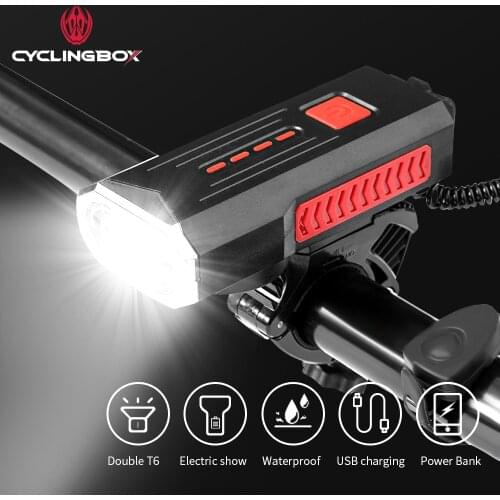 CyclingBOX MTB Bike Headlight 360° Rotation Portable USB Charging Flashlight Range 200 M Multifunction Horn Bicycle Accessories