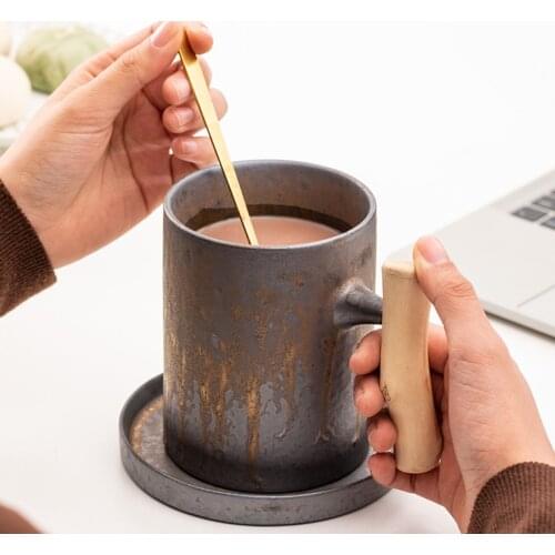 Japanese Style Ceramic Vintage Office Tea Water Cup Creative Chinese Retro Pottery Coffee Milk Mugs With Wooden Handle Drinkware