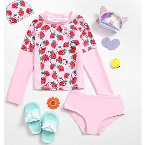 Girl Two Pieces Suit 2-8Y Children Long Sleeve Sun Protection Swimsuit 2021 Kid Cute Strawberry Print Swimwear Baby Bathing Suit