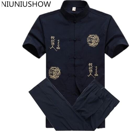 New Chinese Men Cotton Kung Fu Suit Embroidery Wu Shu Uniform Tai Chi Clothing Short Sleeve Shirt+Pant M L XL XXL XXXL