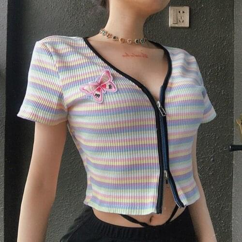 Butterfly Embroidery Rainbow Stripes Crop Tops E-Girls V-neck Short-sleeved Knitted T-shirt Women All-match Double Zipper Top