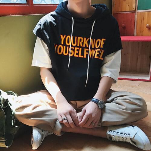 Mens hoodie summer hooded short-sleeved mens tide Korean sweater loose two-piece fake five-point sleeve half sleeve