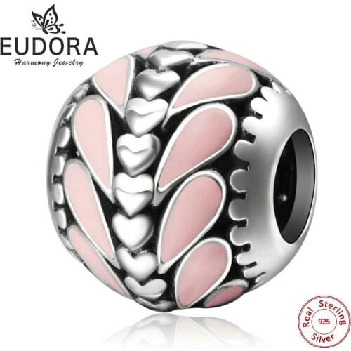 Eudora New Arrival 925 Sterling Silver Daisy Flower Pink Leaves Charm Beads fit Charm Bracelet DIY Jewelry Making Girl Gift Z040