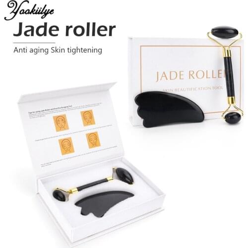 Obsidian Jade Roller Set Anti Wrinkles Face Lift Guasha Massager Facial Massage Tools Black Natural Stone Roller Kit Skin Care